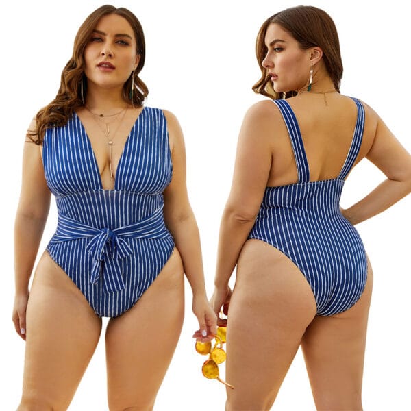 coastal_stripe_plunge_one-piece_model_1 Coastal Stripe Plunge One-Piece - Image 1